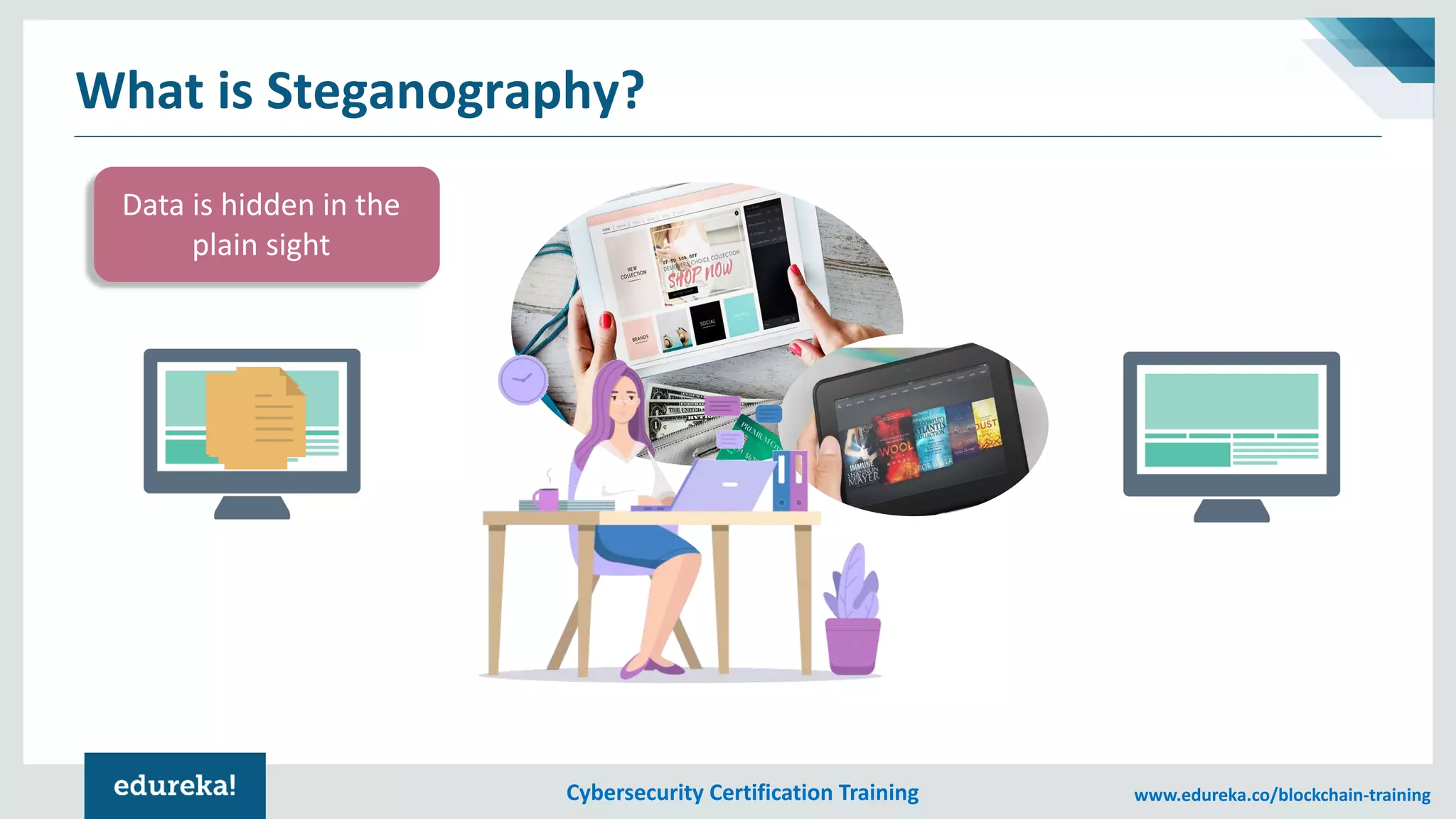 Cybersecurity Certification Training www.edureka.co/blockchain-training
What is Steganography?
Data is hidden in the
plain sight
 