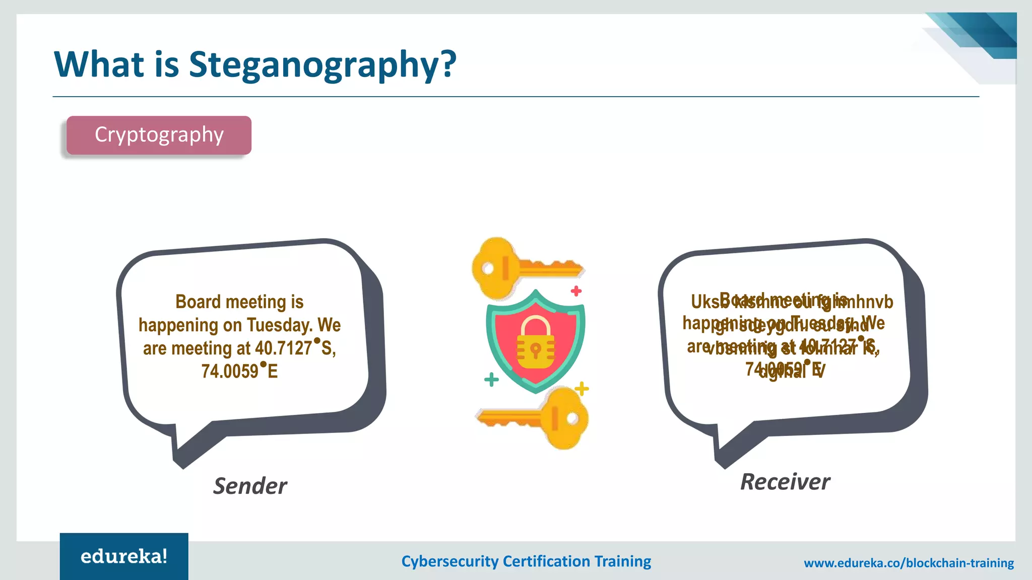 Cybersecurity Certification Training www.edureka.co/blockchain-training
What is Steganography?
Cryptography
Board meeting is
happening on Tuesday. We
are meeting at 40.7127 S,
74.0059 E
Uksb klsmnc ou fghmhnvb
gh sdeygdh. eu sfhd
vbsnmrig st lolmnar K,
dgfhal V
Board meeting is
happening on Tuesday. We
are meeting at 40.7127 S,
74.0059 E
Sender Receiver
 