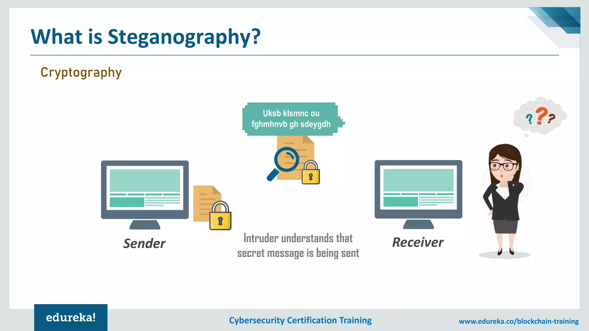 Cybersecurity Certification Training www.edureka.co/blockchain-training
What is Steganography?
Cryptography
Sender ReceiverIntruder understands that
secret message is being sent
Uksb klsmnc ou
fghmhnvb gh sdeygdh
 