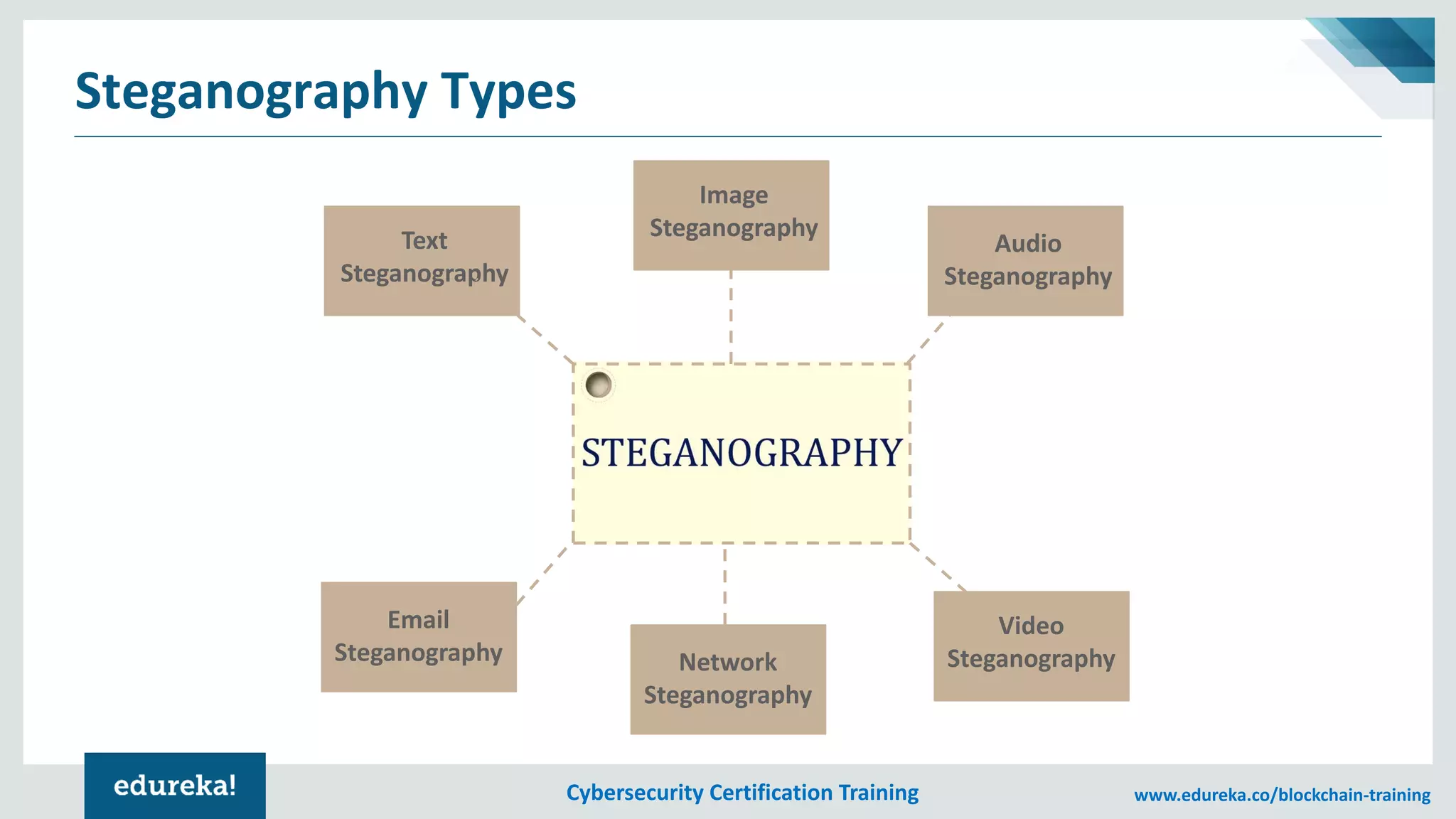 Cybersecurity Certification Training www.edureka.co/blockchain-training
Steganography Types
Text
Steganography
Image
Steganography
Audio
Steganography
Email
Steganography Network
Steganography
Video
Steganography
 