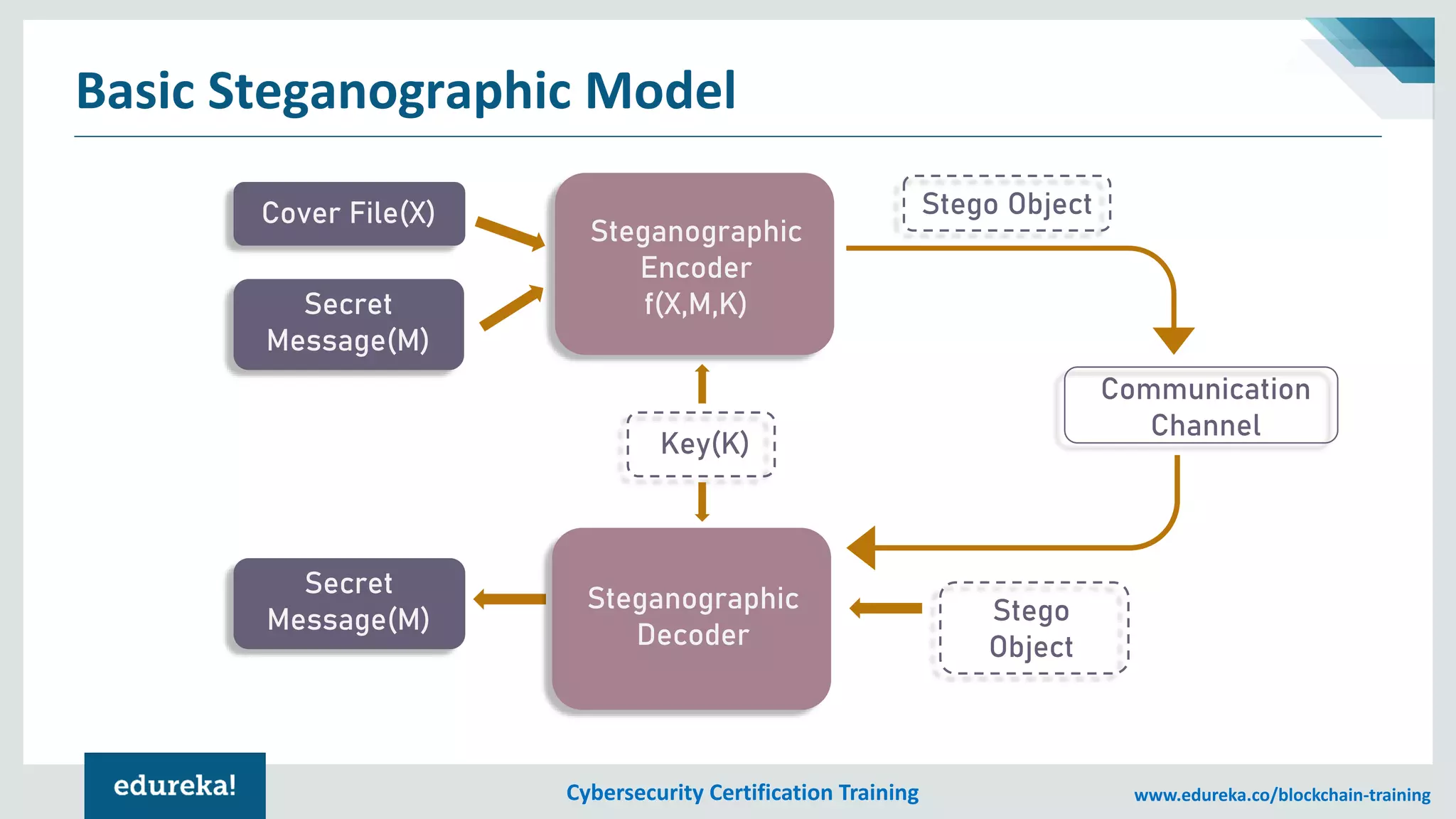 Cybersecurity Certification Training www.edureka.co/blockchain-training
Basic Steganographic Model
Cover File(X)
Steganographic
Encoder
f(X,M,K)
Secret
Message(M)
Secret
Message(M)
Stego
Object
Key(K)
Steganographic
Decoder
Communication
Channel
Stego Object
 