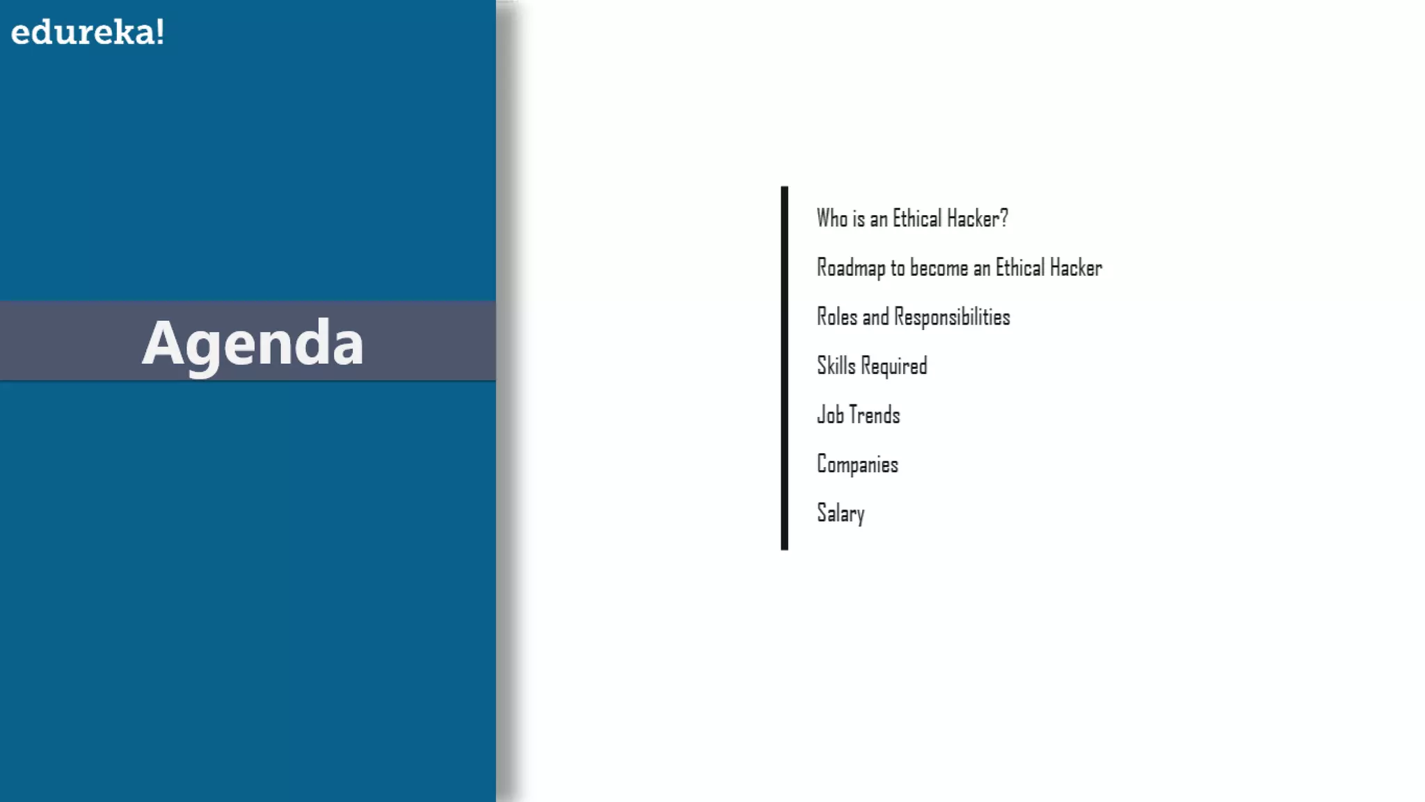 Who is an Ethical Hacker?
Roadmap to become an Ethical Hacker
Roles and Responsibilities
Skills Required
Job Trends
Companies
Salary
Agenda
 