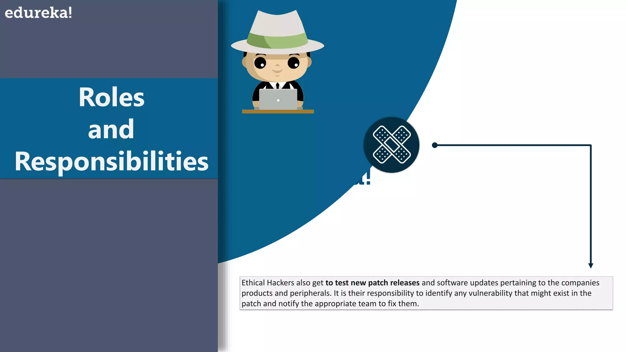 Roles
and
Responsibilities
Ethical Hackers also get to test new patch releases and software updates pertaining to the companies
products and peripherals. It is their responsibility to identify any vulnerability that might exist in the
patch and notify the appropriate team to fix them.
 