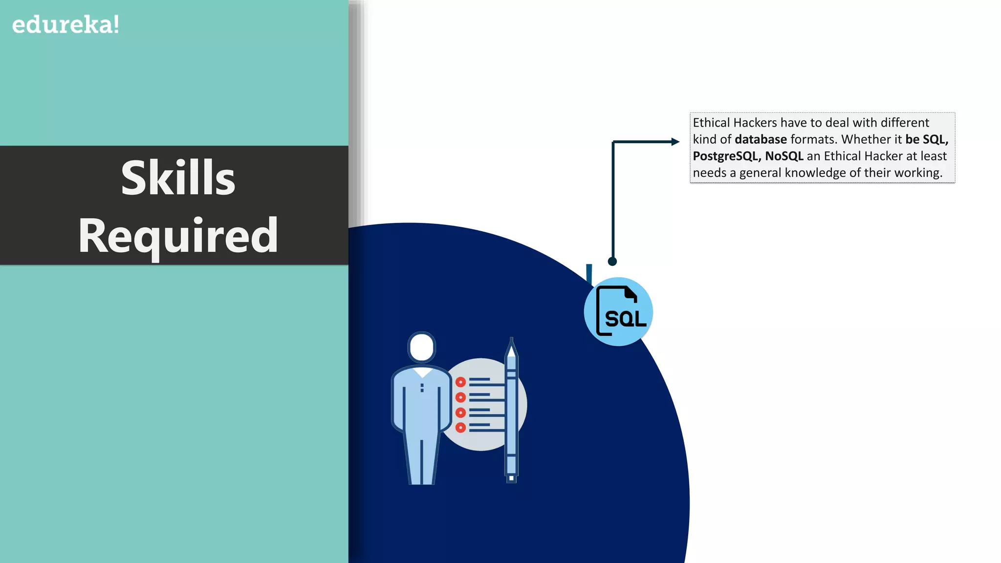 Skills
Required
Ethical Hackers have to deal with different
kind of database formats. Whether it be SQL,
PostgreSQL, NoSQL an Ethical Hacker at least
needs a general knowledge of their working.
 