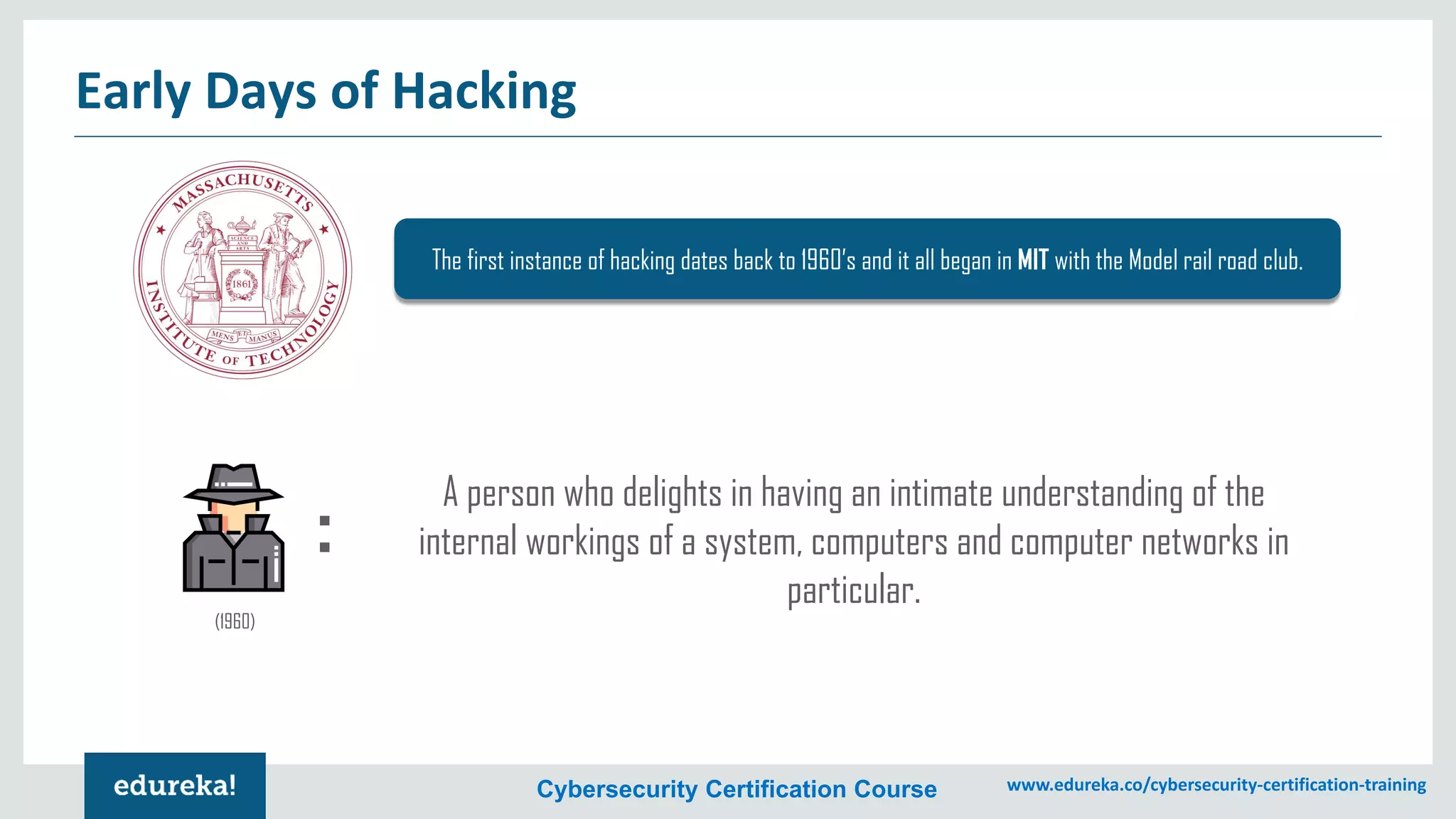 Cybersecurity Certification Course www.edureka.co/cybersecurity-certification-training
Early Days of Hacking
The first instance of hacking dates back to 1960’s and it all began in MIT with the Model rail road club.
(1960)
:
A person who delights in having an intimate understanding of the
internal workings of a system, computers and computer networks in
particular.
 