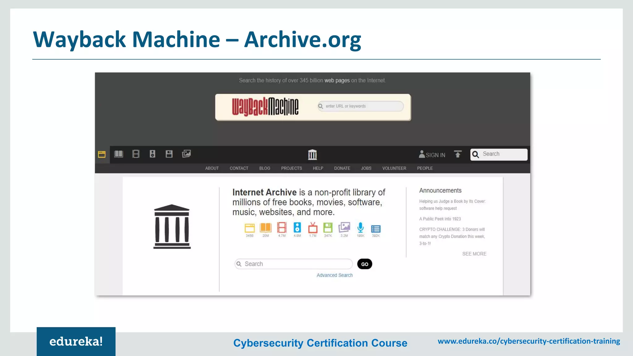 Cybersecurity Certification Course www.edureka.co/cybersecurity-certification-training
Wayback Machine – Archive.org
 