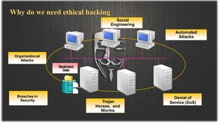 Why do we need ethical hacking
Breaches in
Security
Denial of
Service (DoS)
Organizational
Attacks
Trojan
Horses, and
Worms
Social
Engineering
Restricted
Data
 