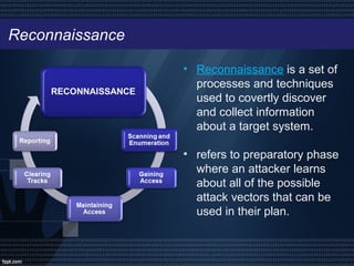 Reconnaissance
• Reconnaissance is a set of
processes and techniques
used to covertly discover
and collect information
about a target system.
• refers to preparatory phase
where an attacker learns
about all of the possible
attack vectors that can be
used in their plan.
 