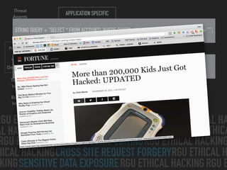 CROSS SITE SCRIPTING
SQL INJECTION
CROSS SITE REQUEST FORGERY
SENSITIVE DATA EXPOSURE
COOKIE EDITING
RGU ETHICAL HACKING RGU ETHICAL HA
AL HACKING RGU ETHICAL HACKING
RGU ETHICAL HACKING RGU ETHICAL HACKING
HICAL HACKING
RGU ETHICAL HACKINGKING
RGU ETHICAL H
RGU ETHICA
RGU E
Threat 
Agents
Attack 
Vectors
Security 
Weaknesses
Technical 
Impacts
Business 
Impacts
APPLICATION SPECIFIC
EASY
COMMON
AVERAGE
SEVERE
APPLICATION SPECIFIC
Prevalence
Detectability
STRING QUERY = "SELECT * FROM ACCOUNTS WHERE CUSTID='" + REQUEST.GETPARAMETER("ID") + "'";
HTTP://EXAMPLE.COM/APP/ACCOUNTVIEW?ID=' OR '1'='1
 