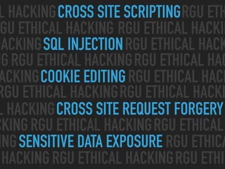 CROSS SITE SCRIPTING
SQL INJECTION
CROSS SITE REQUEST FORGERY
SENSITIVE DATA EXPOSURE
COOKIE EDITING
L HACKING RGU ETH
GU ETHICAL HACKING RGU ETHICAL HACKIN
HACKING RGU ETHICAL HACK
NGRGU ETHICAL HACKINGRGU ETHICAL HAC
ACKING RGU ETHICAL HACK
RGU ETHICAL HACKINGRGU ETHICAL HACKI
L HACKING
CKINGRGU ETHICAL HACKINGRGU ETHICAL
HACKINGRGU ETHICAL HACKINGRGU ETHIC
RGU ETHICAING
 