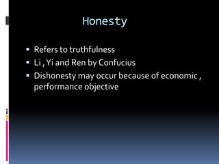 Honesty
 Refers to truthfulness
 Li , Yi and Ren by Confucius

 Dishonesty may occur because of economic ,
performance objective

 