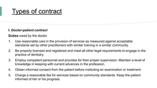 Types of contract
I. Doctor-patient contract
Duties owed by the doctor
1. Use reasonable care in the provision of services as measured against acceptable
standards set by other practitioners with similar training in a similar community.
2. Be properly licensed and registered and meet all other legal requirements to engage in the
practice of dentistry.
3. Employ competent personnel and provides for their proper supervision. Maintain a level of
knowledge in keeping with current advances in the profession.
4. Obtain informed consent from the patient before instituting an examination or treatment.
5. Charge a reasonable fee for services based on community standards. Keep the patient
informed of her or his progress.
 