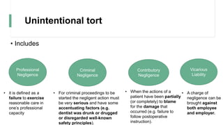 Unintentional tort
• Includes
Professional
Negligence
Criminal
Negligence
Contributory
Negligence
Vicarious
Liability
• it is defined as a
failure to exercise
reasonable care in
one’s professional
capacity
• For criminal proceedings to be
started the negligent action must
be very serious and have some
accentuating factors (e.g.
dentist was drunk or drugged
or disregarded well-known
safety principles).
• When the actions of a
patient have been partially
(or completely) to blame
for the damage that
occurred (e.g. failure to
follow postoperative
instruction).
• A charge of
negligence can be
brought against
both employee
and employer.
 
