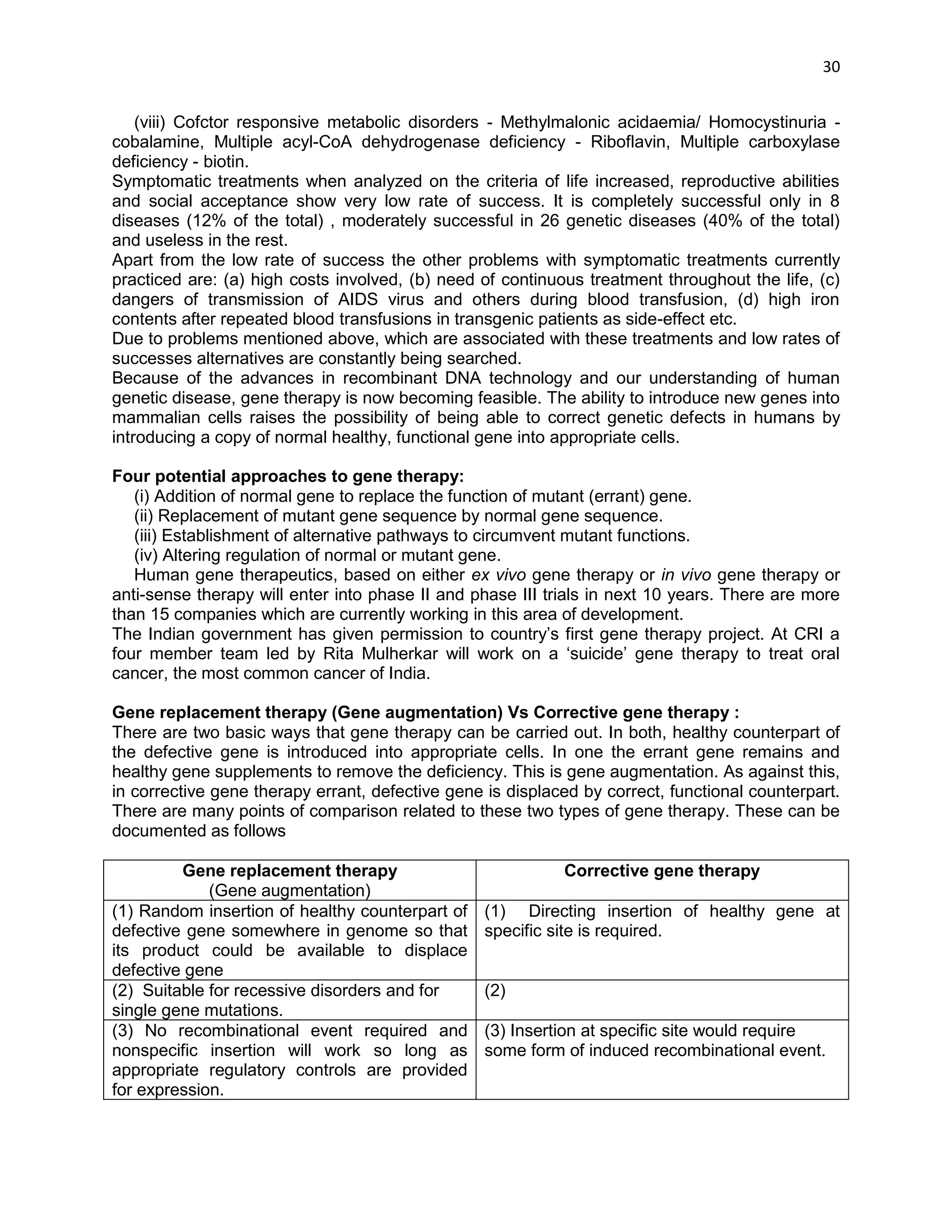 30 
(viii) Cofctor responsive metabolic disorders - Methylmalonic acidaemia/ Homocystinuria - cobalamine, Multiple acyl-CoA dehydrogenase deficiency - Riboflavin, Multiple carboxylase deficiency - biotin. 
Symptomatic treatments when analyzed on the criteria of life increased, reproductive abilities and social acceptance show very low rate of success. It is completely successful only in 8 diseases (12% of the total) , moderately successful in 26 genetic diseases (40% of the total) and useless in the rest. 
Apart from the low rate of success the other problems with symptomatic treatments currently practiced are: (a) high costs involved, (b) need of continuous treatment throughout the life, (c) dangers of transmission of AIDS virus and others during blood transfusion, (d) high iron contents after repeated blood transfusions in transgenic patients as side-effect etc. 
Due to problems mentioned above, which are associated with these treatments and low rates of successes alternatives are constantly being searched. 
Because of the advances in recombinant DNA technology and our understanding of human genetic disease, gene therapy is now becoming feasible. The ability to introduce new genes into mammalian cells raises the possibility of being able to correct genetic defects in humans by introducing a copy of normal healthy, functional gene into appropriate cells. 
Four potential approaches to gene therapy: 
(i) Addition of normal gene to replace the function of mutant (errant) gene. 
(ii) Replacement of mutant gene sequence by normal gene sequence. 
(iii) Establishment of alternative pathways to circumvent mutant functions. 
(iv) Altering regulation of normal or mutant gene. 
Human gene therapeutics, based on either ex vivo gene therapy or in vivo gene therapy or anti-sense therapy will enter into phase II and phase III trials in next 10 years. There are more than 15 companies which are currently working in this area of development. 
The Indian government has given permission to country‘s first gene therapy project. At CRI a four member team led by Rita Mulherkar will work on a ‗suicide‘ gene therapy to treat oral cancer, the most common cancer of India. 
Gene replacement therapy (Gene augmentation) Vs Corrective gene therapy : 
There are two basic ways that gene therapy can be carried out. In both, healthy counterpart of the defective gene is introduced into appropriate cells. In one the errant gene remains and healthy gene supplements to remove the deficiency. This is gene augmentation. As against this, in corrective gene therapy errant, defective gene is displaced by correct, functional counterpart. There are many points of comparison related to these two types of gene therapy. These can be documented as follows 
Gene replacement therapy 
(Gene augmentation) 
Corrective gene therapy 
(1) Random insertion of healthy counterpart of defective gene somewhere in genome so that its product could be available to displace defective gene 
(1) Directing insertion of healthy gene at specific site is required. 
(2) Suitable for recessive disorders and for single gene mutations. 
(2) 
(3) No recombinational event required and nonspecific insertion will work so long as appropriate regulatory controls are provided for expression. 
(3) Insertion at specific site would require some form of induced recombinational event. 
 