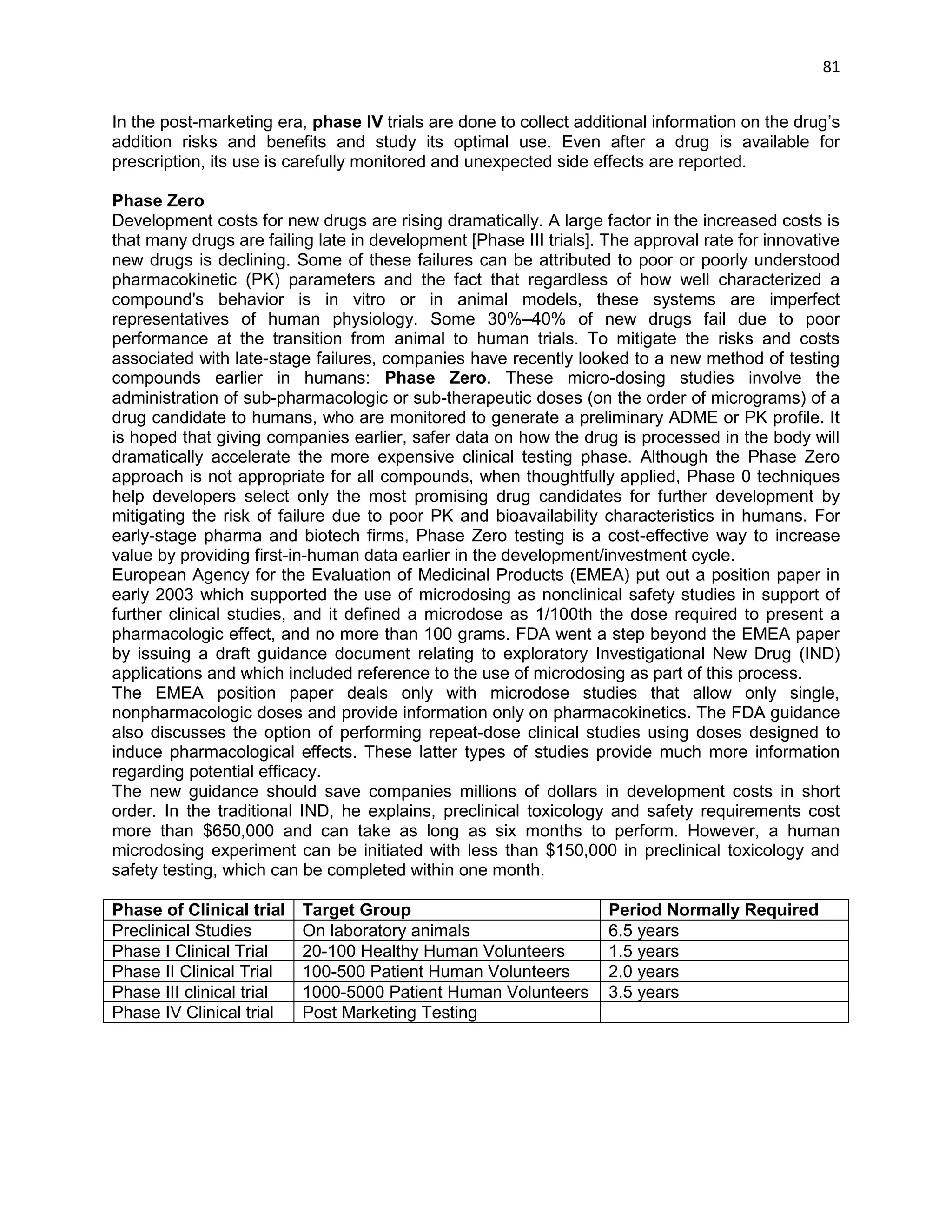 81 
In the post-marketing era, phase IV trials are done to collect additional information on the drug‘s addition risks and benefits and study its optimal use. Even after a drug is available for prescription, its use is carefully monitored and unexpected side effects are reported. 
Phase Zero 
Development costs for new drugs are rising dramatically. A large factor in the increased costs is that many drugs are failing late in development [Phase III trials]. The approval rate for innovative new drugs is declining. Some of these failures can be attributed to poor or poorly understood pharmacokinetic (PK) parameters and the fact that regardless of how well characterized a compound's behavior is in vitro or in animal models, these systems are imperfect representatives of human physiology. Some 30%–40% of new drugs fail due to poor performance at the transition from animal to human trials. To mitigate the risks and costs associated with late-stage failures, companies have recently looked to a new method of testing compounds earlier in humans: Phase Zero. These micro-dosing studies involve the administration of sub-pharmacologic or sub-therapeutic doses (on the order of micrograms) of a drug candidate to humans, who are monitored to generate a preliminary ADME or PK profile. It is hoped that giving companies earlier, safer data on how the drug is processed in the body will dramatically accelerate the more expensive clinical testing phase. Although the Phase Zero approach is not appropriate for all compounds, when thoughtfully applied, Phase 0 techniques help developers select only the most promising drug candidates for further development by mitigating the risk of failure due to poor PK and bioavailability characteristics in humans. For early-stage pharma and biotech firms, Phase Zero testing is a cost-effective way to increase value by providing first-in-human data earlier in the development/investment cycle. 
European Agency for the Evaluation of Medicinal Products (EMEA) put out a position paper in early 2003 which supported the use of microdosing as nonclinical safety studies in support of further clinical studies, and it defined a microdose as 1/100th the dose required to present a pharmacologic effect, and no more than 100 grams. FDA went a step beyond the EMEA paper by issuing a draft guidance document relating to exploratory Investigational New Drug (IND) applications and which included reference to the use of microdosing as part of this process. 
The EMEA position paper deals only with microdose studies that allow only single, nonpharmacologic doses and provide information only on pharmacokinetics. The FDA guidance also discusses the option of performing repeat-dose clinical studies using doses designed to induce pharmacological effects. These latter types of studies provide much more information regarding potential efficacy. 
The new guidance should save companies millions of dollars in development costs in short order. In the traditional IND, he explains, preclinical toxicology and safety requirements cost more than $650,000 and can take as long as six months to perform. However, a human microdosing experiment can be initiated with less than $150,000 in preclinical toxicology and safety testing, which can be completed within one month. 
Phase of Clinical trial 
Target Group 
Period Normally Required 
Preclinical Studies 
On laboratory animals 
6.5 years 
Phase I Clinical Trial 
20-100 Healthy Human Volunteers 
1.5 years 
Phase II Clinical Trial 
100-500 Patient Human Volunteers 
2.0 years 
Phase III clinical trial 
1000-5000 Patient Human Volunteers 
3.5 years 
Phase IV Clinical trial 
Post Marketing Testing 
 
