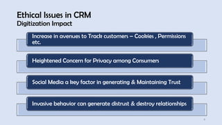 Ethical Issues in CRM
Digitization Impact
4
Increase in avenues to Track customers – Cookies , Permissions
etc.
Heightened Concern for Privacy among Consumers
Social Media a key factor in generating & Maintaining Trust
Invasive behavior can generate distrust & destroy relationships
 