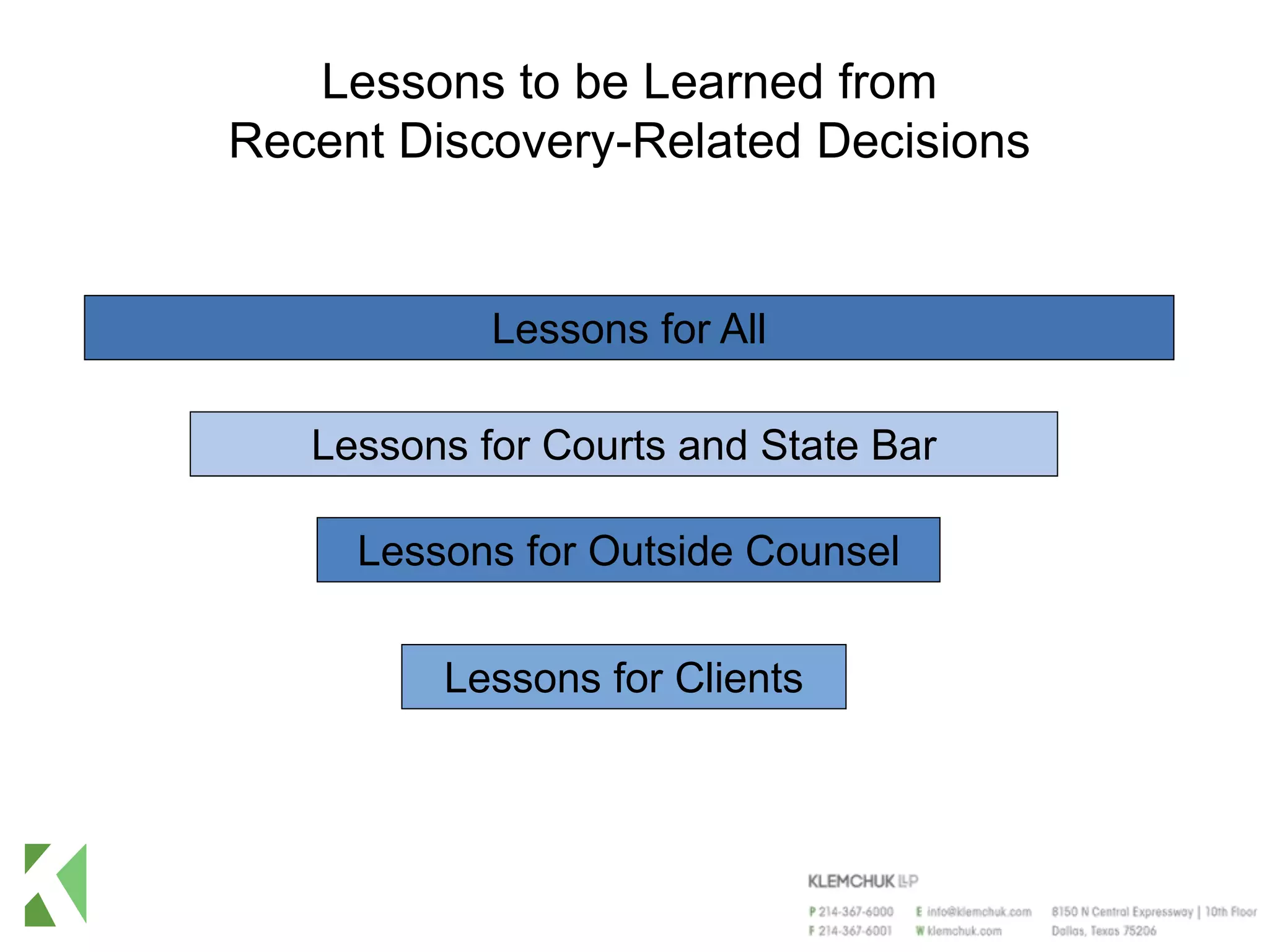 Lessons to be Learned from
Recent Discovery-Related Decisions
Lessons for All
Lessons for Courts and State Bar
Lessons for Outside Counsel
Lessons for Clients
 
