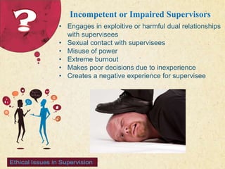 123 West Main Street 
| P: 555.123.4568 
| www.carecounseling.com New York, NY 10001 F: 555.123.4567 
Incompetent or Impaired Supervisors 
• Engages in exploitive or harmful dual relationships 
with supervisees 
• Sexual contact with supervisees 
• Misuse of power 
• Extreme burnout 
• Makes poor decisions due to inexperience 
• Creates a negative experience for supervisee 
 