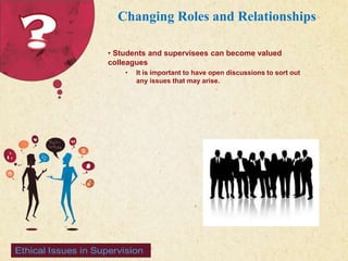 123 West Main Street 
| P: 555.123.4568 
| www.carecounseling.com New York, NY 10001 F: 555.123.4567 
Changing Roles and Relationships 
• Students and supervisees can become valued 
colleagues 
• It is important to have open discussions to sort out 
any issues that may arise. 
 