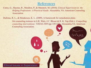 123 West Main Street 
| P: 555.123.4568 
| www.carecounseling.com New York, NY 10001 F: 555.123.4567 
References 
Corey, G., Haynes, R., Moulton, P., & Muratori, M. (2010). Clinical Supervision in the 
Helping Professions: A Practical Guide. Alexandria, VA: American Counseling 
Association. 
Dufrene, R. L., & Henderson, K. L. (2009). A framework for remediation plans 
for counseling trainees in G.R. Walz, J.C. Bleuer & R. K. Yep (Eds.), Compelling 
counseling interventions: VISTAS 2009 (pp 149-159). Alexandria,VA: American 
Counseling Association. 

