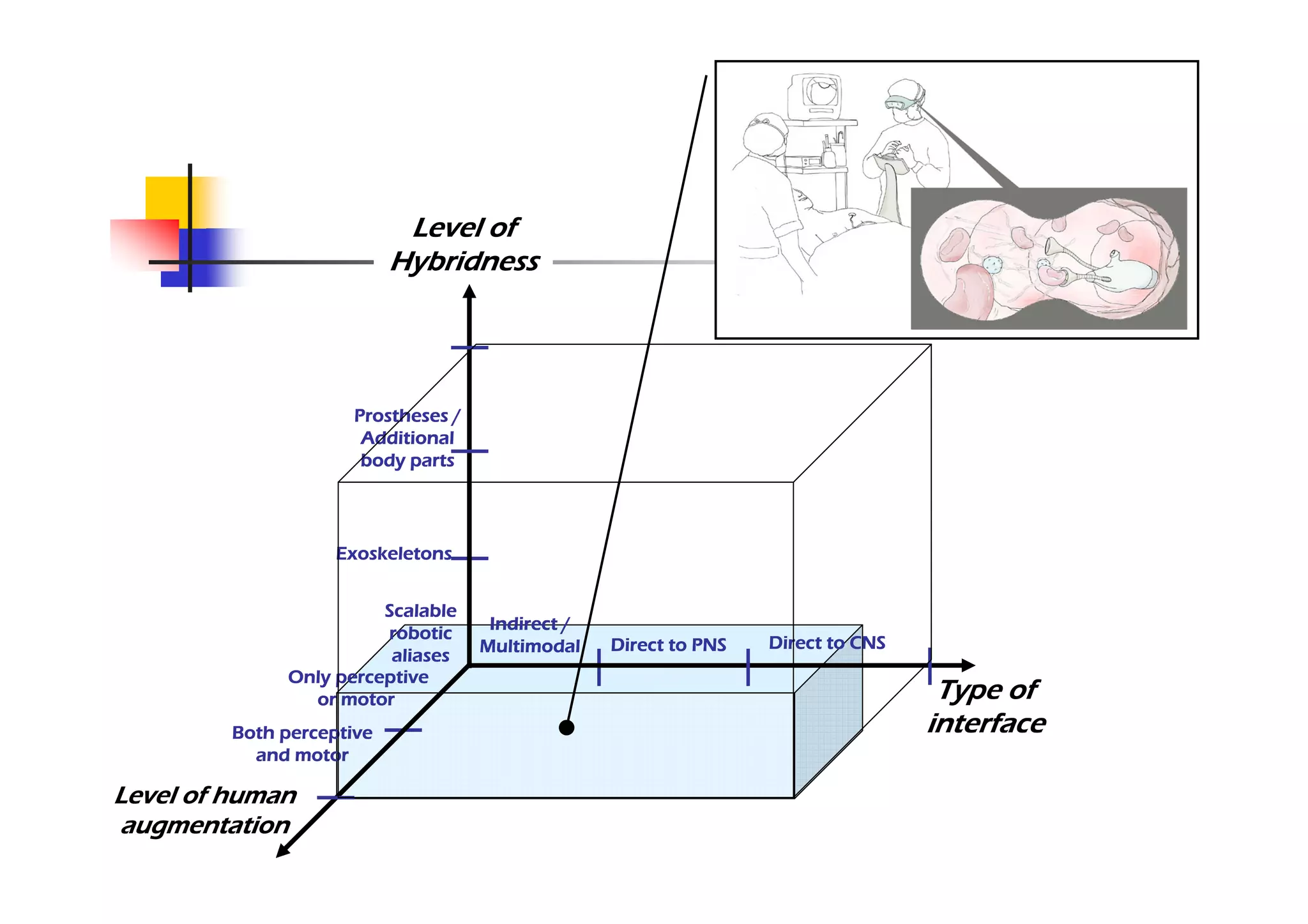 Level of
                           Hybridness




                      Prostheses /
                       Additional
                       body parts




                    Exoskeletons


                        Scalable
                                      Indirect /
                        robotic
                                     Multimodal    Direct to PNS   Direct to CNS
                         aliases
              Only perceptive
                or motor                                                            Type of
         Both perceptive                                                           interface
           and motor

Level of human
augmentation
 
