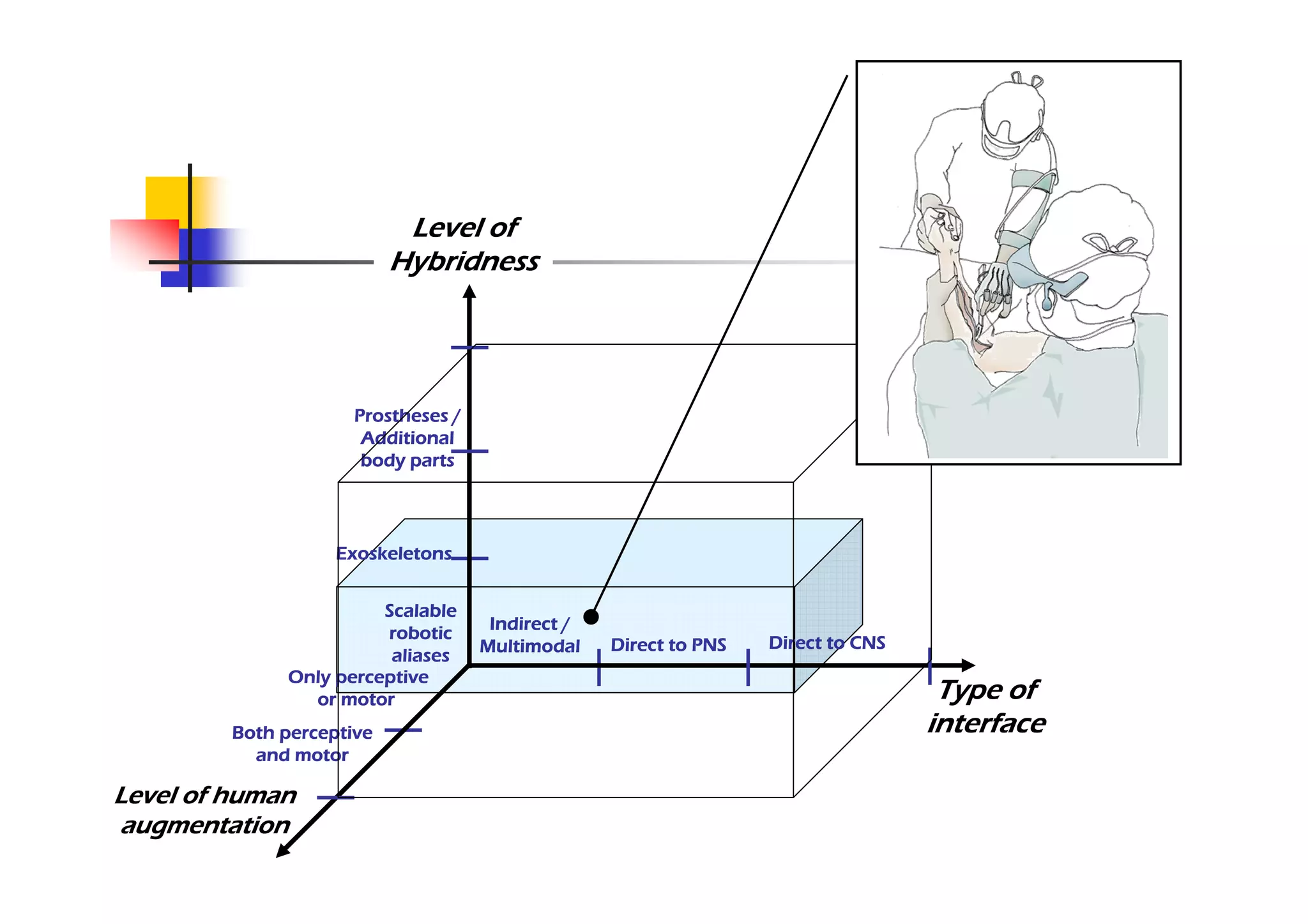 Level of
                           Hybridness




                      Prostheses /
                       Additional
                       body parts




                    Exoskeletons


                        Scalable
                                      Indirect /
                        robotic
                                     Multimodal    Direct to PNS   Direct to CNS
                         aliases
              Only perceptive
                or motor                                                            Type of
         Both perceptive                                                           interface
           and motor

Level of human
augmentation
 