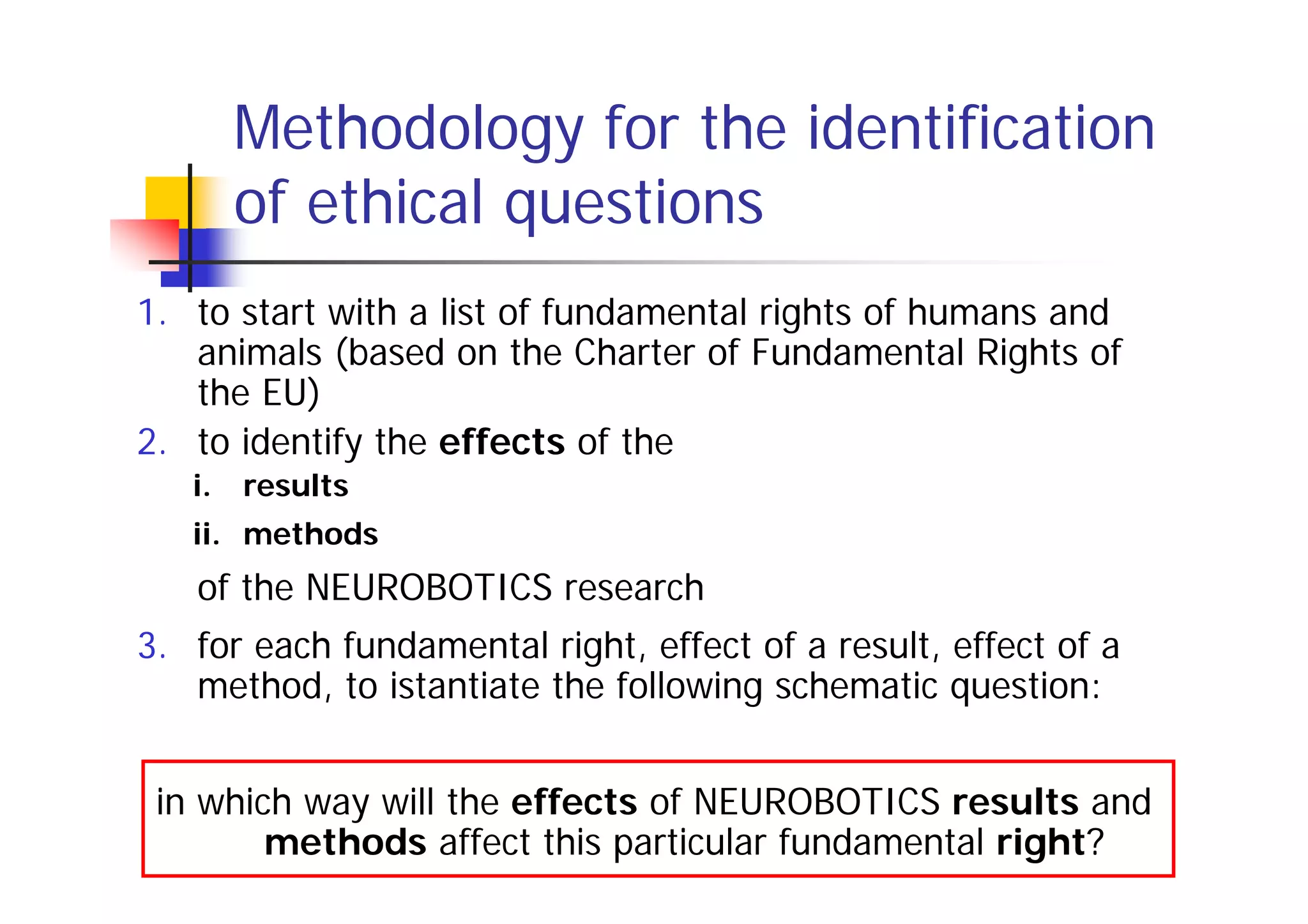 Methodology for the identification
        of ethical questions
1. to start with a list of fundamental rights of humans and
   animals (based on the Charter of Fundamental Rights of
   the EU)
2. to identify the effects of the
   i.   results
   ii. methods
   of the NEUROBOTICS research
3. for each fundamental right, effect of a result, effect of a
   method, to istantiate the following schematic question:


 in which way will the effects of NEUROBOTICS results and
        methods affect this particular fundamental right?
 