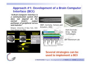 Approach #1: Development of a Brain Computer
   Interface (BCI)
“A Brain Computer Interface is
a communication system that
does not depend on the
normal     brain’s     output
pathways of peripheral nerves
and muscles”                           IBMT, Germany, Sensors and
Wolpaw, University of New York, IEEE
                                       Actuators, 2002
Trans Rehab Eng 2000                                                  Utah Electrode
                                                                      Array, Bionic
                                                                      Technologies


                                                                     MIT Bioinstrum Lab




                                             Several strategies can be
                                             used to implement a BCI
                                CYBERHAND Project: Development of a CYBERnetic HAND prosthesis
 