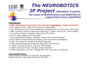 The NEUROBOTICS
                                          IP Project (Duration: 5 years)
Information Society Future and Emerging
Technologies        Technologies



                                          The fusion of NEUROscience and RoBOTICS for
                                                         augmenting human capabilities

Participants
1. SSSA: Scuola Superiore Sant'Anna, Pisa, Italy (prof. Paolo Dario) – Project Coordinator
2. CDF: Collège de France, CNRS, Paris, France (prof. Alain Berthoz)
3. DLR: Deutsches Zentrum fur Luft und Raumfahrt, Oberpfaffenhofen, Germany (prof. Gerd Hirzinger)
4. IBMT: Fraunhofer Institute for Biomedical Engineering, St. Ingbert, Germany (Dr. Thomas Stieglitz)
5. KI: Karolinska Institutet, Stockholm, Sweden (prof. Sten Grillner)
6. KUL: KU Leuven, Belgium (prof. Guy Orban)
7. KTH: Kungl Tekniska Högskolan, Stockholm, Sweden (prof. Henrik Christensen)
8. NTUA: National Technical University of Athens, Greece (prof. Kostas Kyriakopoulos)
9. UMEA: Umea Universitet, Sweden (prof. Roland Johansson)
10. UAB: Universitat Autònoma de Barcelona, Spain (prof. Xavier Navarro)
11. UGDIST: University of Genova, Italy (prof. Giulio Sandini)
12. UNIPR: University of Parma, Italy (prof. Giacomo Rizzolatti)
13. UPMC: Université P. et M. Curie / INSERM U483, Paris, France (prof. Yves Burnod)

International Partners:
Brown University, Providence, RI, USA (Prof. John Donoghue)
Waseda University, Tokyo, Japan (Prof. Atsuo Takanishi)
 