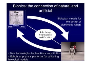 Bionics: the connection of natural and
        Man
                       artificial
                                           Biological models for
                                                   the design of
        Nerves                                biomimetic robots
Brain            Limbs

                            Interfacing
                           Neuroscience
                           and Robotics




• New technologies for functional substitution
• Robots as physical platforms for validating
biological models
 