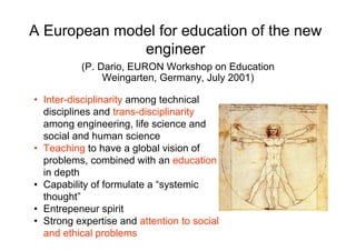 A European model for education of the new
              engineer
          (P. Dario, EURON Workshop on Education
               Weingarten, Germany, July 2001)

• Inter-disciplinarity among technical
  disciplines and trans-disciplinarity
  among engineering, life science and
  social and human science
• Teaching to have a global vision of
  problems, combined with an education
  in depth
• Capability of formulate a “systemic
  thought”
• Entrepeneur spirit
• Strong expertise and attention to social
  and ethical problems
 