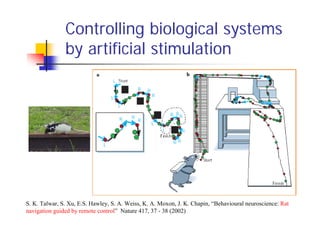 Controlling biological systems
               by artificial stimulation




S. K. Talwar, S. Xu, E.S. Hawley, S. A. Weiss, K. A. Moxon, J. K. Chapin, “Behavioural neuroscience: Rat
navigation guided by remote control” Nature 417, 37 - 38 (2002)
 