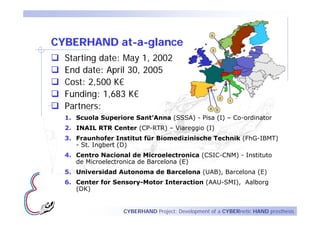 6

CYBERHAND at-a-glance
                                                      3

  Starting date: May 1, 2002
  End date: April 30, 2005
  Cost: 2,500 K€
  Funding: 1,683 K€                                           2
                                                                  1

  Partners:                                       4       5

  1. Scuola Superiore Sant’Anna (SSSA) - Pisa (I) – Co-ordinator
  2. INAIL RTR Center (CP-RTR) – Viareggio (I)
  3. Fraunhofer Institut für Biomedizinische Technik (FhG-IBMT)
     - St. Ingbert (D)
  4. Centro Nacional de Microelectronica (CSIC-CNM) - Instituto
     de Microelectronica de Barcelona (E)
  5. Universidad Autonoma de Barcelona (UAB), Barcelona (E)
  6. Center for Sensory-Motor Interaction (AAU-SMI), Aalborg
     (DK)


                   CYBERHAND Project: Development of a CYBERnetic HAND prosthesis
 