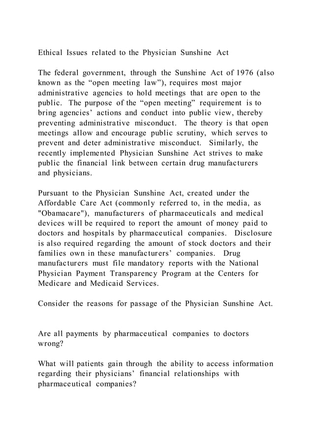 Ethical Issues related to the Physician Sunshine ActThe federal