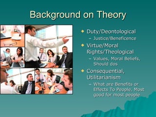 Background on Theory Duty/Deontological Justice/Beneficence Virtue/Moral Rights/Theological Values, Moral Beliefs, Should dos Consequential, Utilitarianism What are Benefits or Effects To People, Most good for most people 