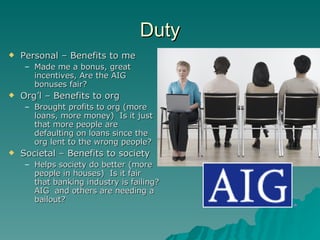 Duty Personal – Benefits to me Made me a bonus, great incentives, Are the AIG bonuses fair? Org’l – Benefits to org Brought profits to org (more loans, more money)  Is it just that more people are defaulting on loans since the org lent to the wrong people? Societal – Benefits to society Helps society do better (more people in houses)  Is it fair that banking industry is failing? AIG  and others are needing a bailout? 