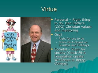 Virtue Personal – Right thing to do, Dan Cathy’s (COO) Christian values and mentoring Org’l  Right for org to do Chick-Fil-A closed on Sundays and Holidays Societal – Right for society (Chick-Fil-A Foundation create WinShape at Berry College) 