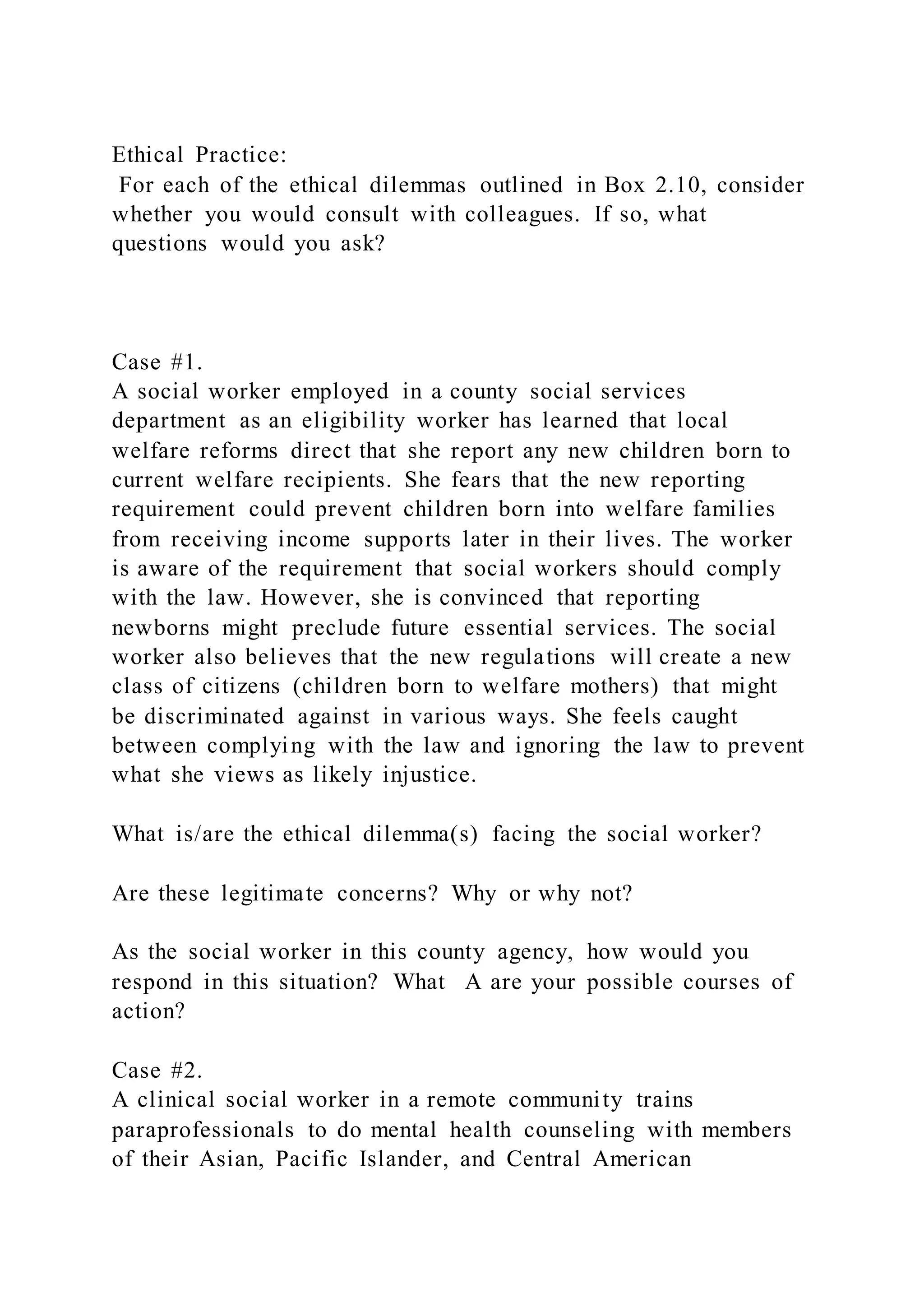 Ethical dilemmas facing social workers in welfare reporting, counseling