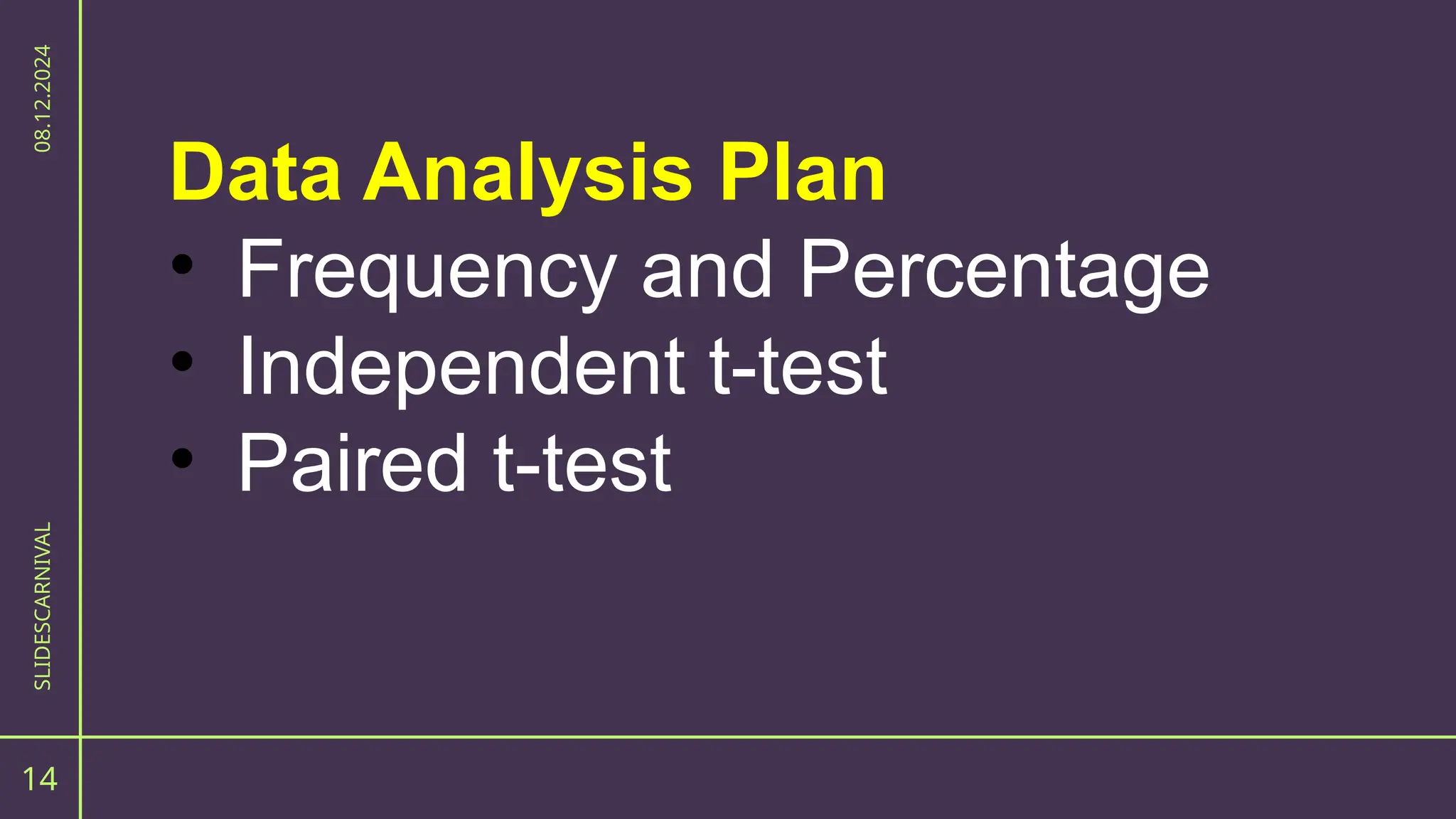 14
SLIDESCARNIVAL
08.12.2024
Data Analysis Plan
• Frequency and Percentage
• Independent t-test
• Paired t-test
 