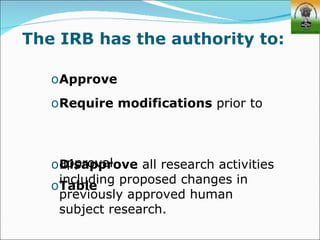 The IRB has the authority to:

   oApprove
   oRequire modifications prior to



    approval
   oDisapprove all research activities
    including proposed changes in
   oTable
    previously approved human
    subject research.
 