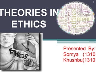 THEORIES IN
ETHICS
Presented By:
Somya (1310
Khushbu(1310
1
 