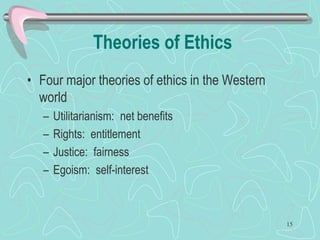 Theories of Ethics
• Four major theories of ethics in the Western
world
– Utilitarianism: net benefits
– Rights: entitlement
– Justice: fairness
– Egoism: self-interest
15
 