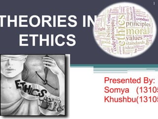 THEORIES IN
ETHICS
Presented By:
Somya (13105
Khushbu(13105
1
 