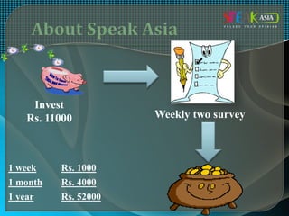 Invest
Rs. 11000 Weekly two survey
1 week Rs. 1000
1 month Rs. 4000
1 year Rs. 52000
 