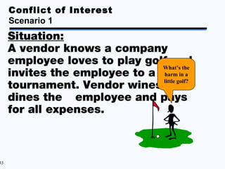 Conflict of Interest
     Scenario 1
     Situation:
     A vendor knows a company
     employee loves to play golf and
                                What’s the
     invites the employee to a golfin a
                                harm

     tournament. Vendor wines and
                                little golf?


     dines the employee and pays
     for all expenses.



33
 