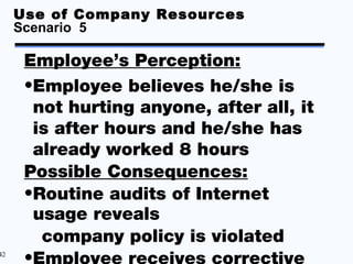 Use of Company Resources
     Scenario 5

      Employee’s Perception:
      •Employee believes he/she is
        not hurting anyone, after all, it
        is after hours and he/she has
        already worked 8 hours
      Possible Consequences:
      •Routine audits of Internet
        usage reveals
         company policy is violated
42
      •
 