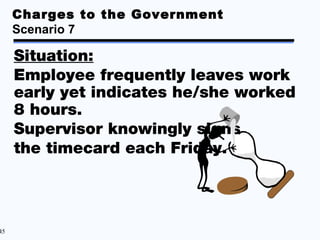 Charges to the Government
     Scenario 7

     Situation:
     Employee frequently leaves work
     early yet indicates he/she worked
     8 hours.
     Supervisor knowingly signs
     the timecard each Friday.




45
 