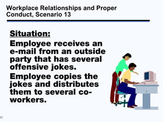 Workplace Relationships and Proper
     Conduct, Scenario 13


      Situation:
      Employee receives an
      e-mail from an outside
      party that has several
      offensive jokes.
      Employee copies the
      jokes and distributes
      them to several co-
      workers.
57
 