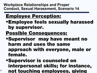 Workplace Relationships and Proper
     Conduct, Sexual Harassment, Scenario 14

      Employee Perception:
      •Employee feels sexually harassed
       by supervisor.
      Possible Consequences:
      •Supervisor may have meant no
       harm and uses the same
       approach with everyone, male or
       female.
      •Supervisor is counseled on
       interpersonal skills; for instance,
60
       not touching employees, giving
 