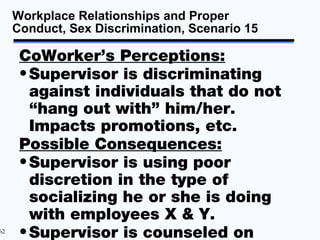 Workplace Relationships and Proper
     Conduct, Sex Discrimination, Scenario 15

      CoWorker’s Perceptions:
      • Supervisor is discriminating
        against individuals that do not
        “hang out with” him/her.
        Impacts promotions, etc.
      Possible Consequences:
      • Supervisor is using poor
        discretion in the type of
        socializing he or she is doing
        with employees X & Y.
62
      • Supervisor is counseled on
 